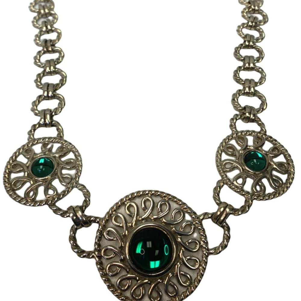 Guy Laroche Silver Green Cabochon 3 Ring Necklace
